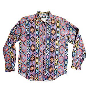 Vintage KZK Aztec Western Brushpopper Long Sleeve Shirt M Cotton 80s 90s Retro